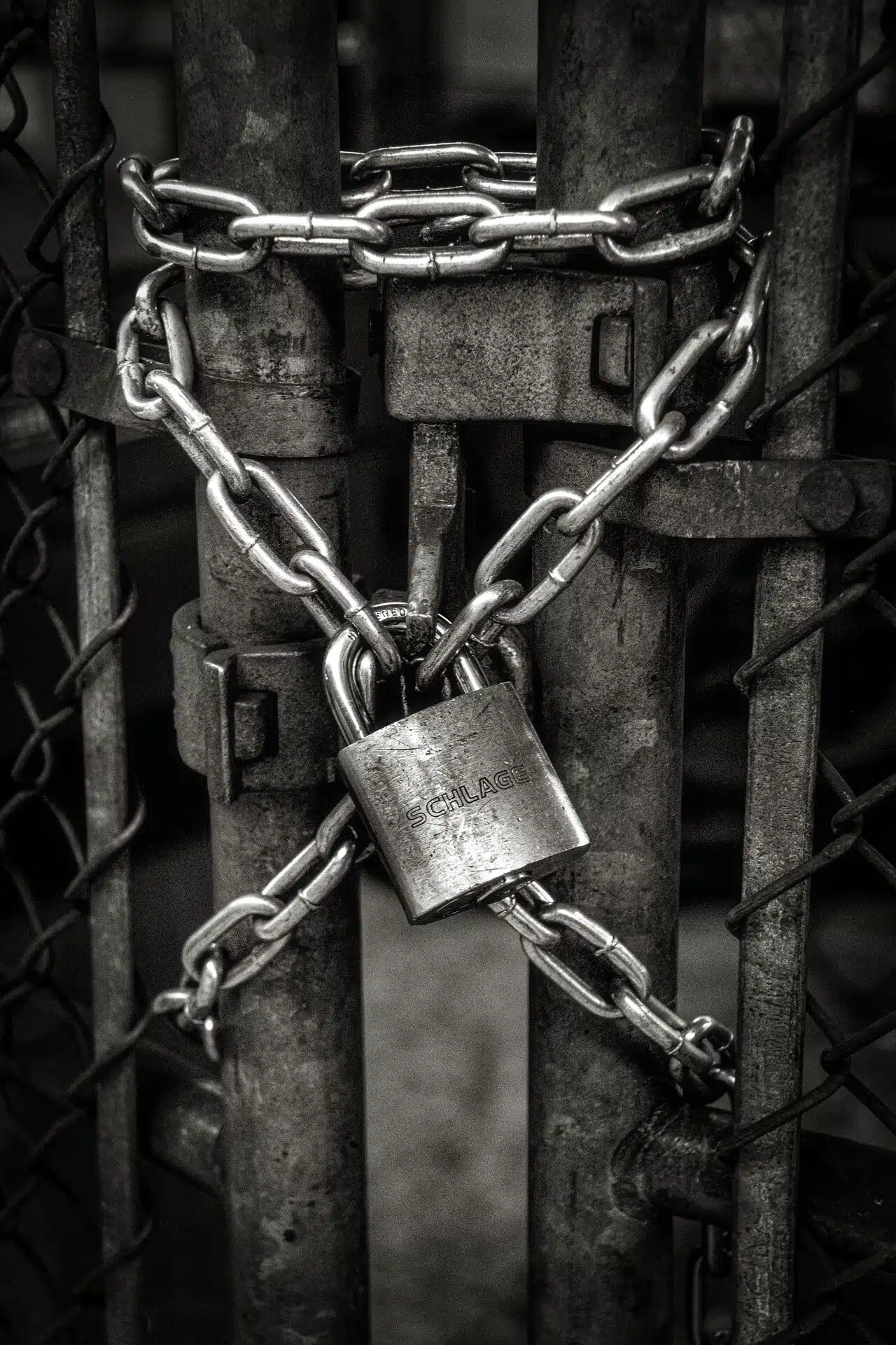 Photo of a lock and chains on a gate